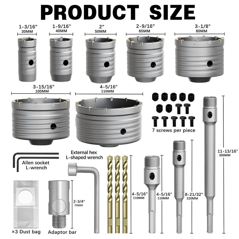 METOTO 34PCS Concrete Hole Saw Kit,30/40/50/65/80/100/110mm Masonry Hole Saw, with SDS Plus Shank Drill Bit Sets, Masonry Hole Saw Tool Set for Concrete,Brick,Cement,Stone,Wall Drilling. - Image 2